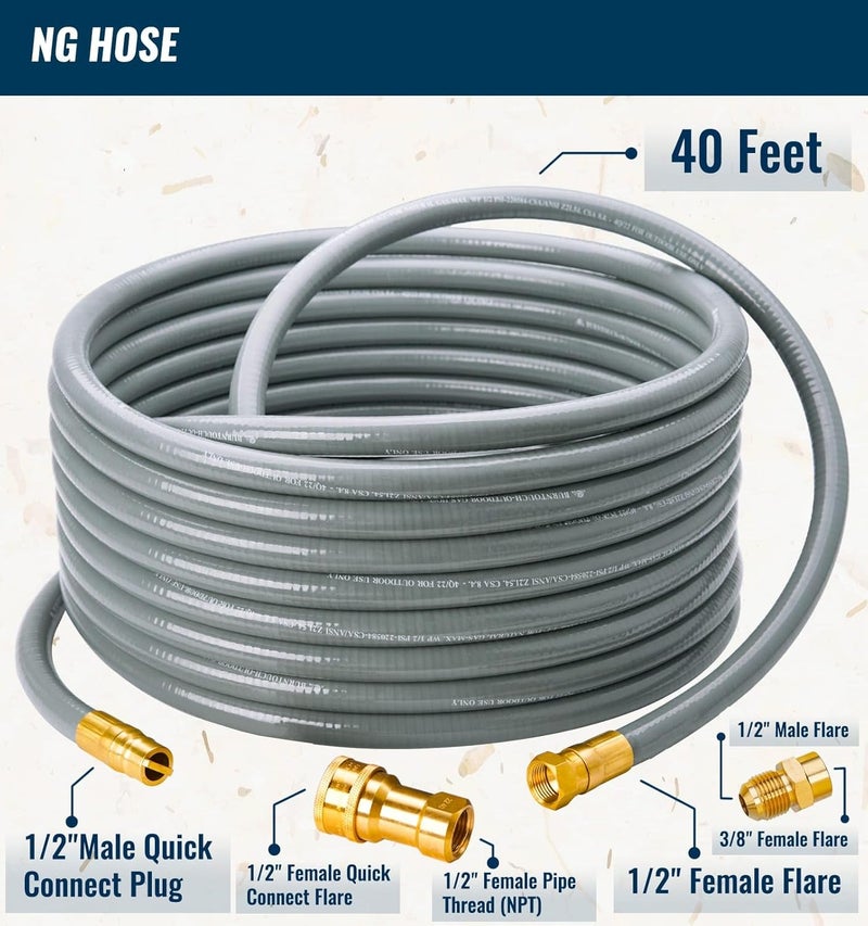 CALPOSE 40 Feet 1/2 inch ID Natural Gas Grill Hose with Quick Connect Fittings, Natural Gas Line for Grill, Pizza Oven, Heater and More Low Pressure Appliance - Image 2
